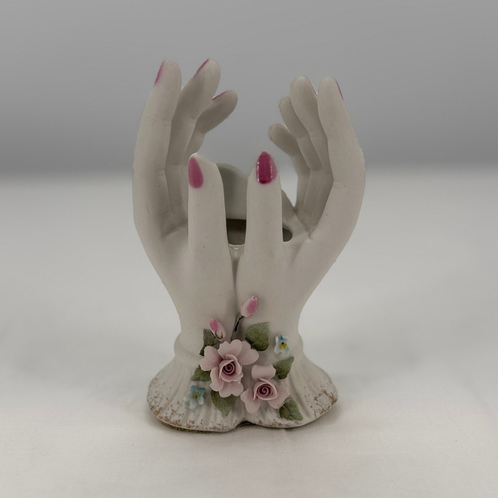 Lefton China Vintage Porcelain Hands Vase Figurine Pink Roses 1787 Hand Painted